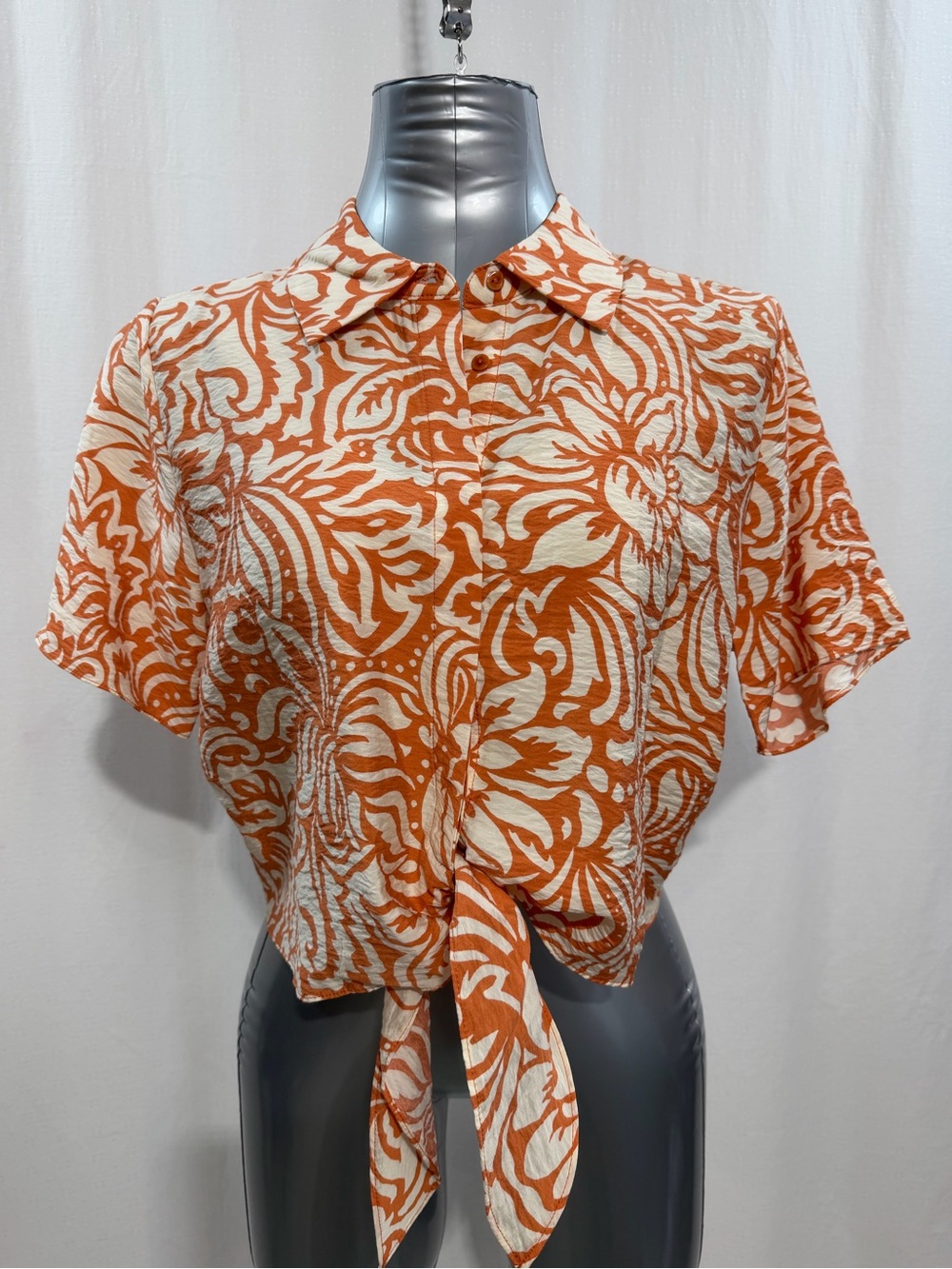 Joie Women Cropped Button Front Tie-Hem Blouse Orange Floral Short Sleeve 1765